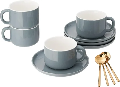 Miniatura 6 de Juego de 4 tazas de capuchino de 8 onzas, tazas de té con platillos y cucharas, tazas de té de cerámica negra, tazas de café para té, capuchino