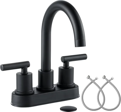 VXV Grifo para lavabo de baño de 4 pulgadas y 2 asas, centro de utilidad, lavamanos, tocador, moderno, rotación de 360°, negro, grifo de agua con