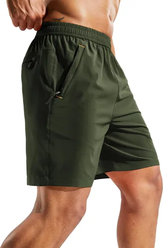 Miniatura 3 de MIER - Pantalones cortos de correr para hombre, de secado rápido, con bolsillo con cremallera, cintura elástica, pantalones cortos atléticos