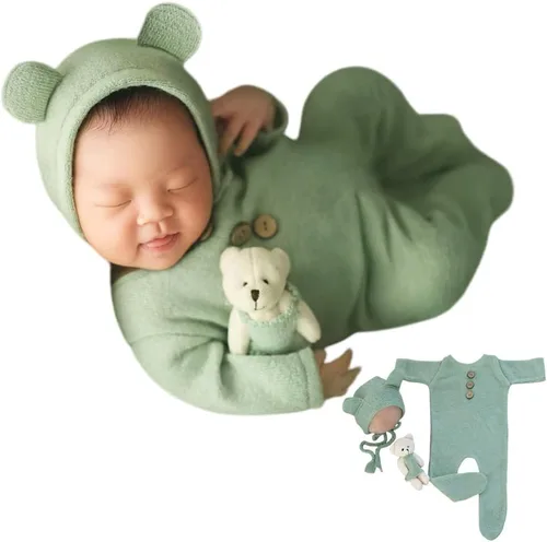 Zeroest Traje de fotografía para recién nacido, accesorios para sesión de fotos de bebé, accesorios de oso para fotos de bebé recién nacido, Verde