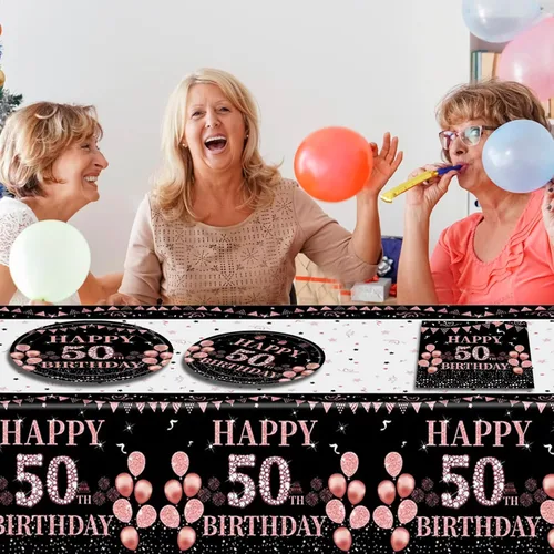 Miniatura 8 de Ryzovo 62 platos y servilletas de papel desechables de 50 cumpleaños, color negro y oro rosa, suministros de fiesta para 20 invitados, incluye 50