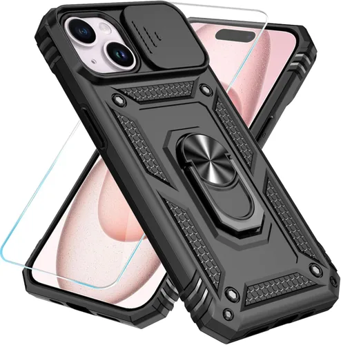 Miniatura 23 de SunStory Funda compatible con iPhone 15 con protector de pantalla HD, cubierta de cámara deslizante y soporte de anillo giratorio, [grado militar]