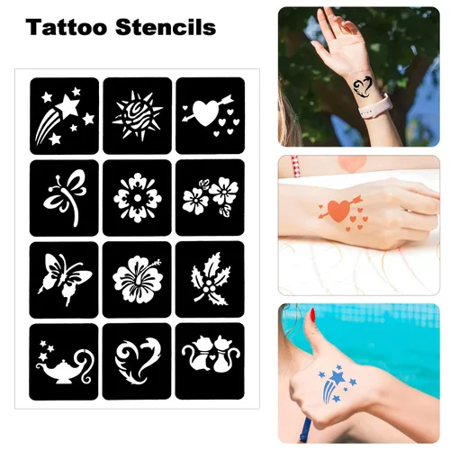Miniatura 5 de Qpout Plantillas de tatuaje para niños y adultos, kit de plantillas de tatuaje de henna, diseño de plantillas de tatuaje pequeñas y grandes