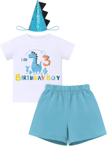 Miniatura 16 de ODASDO Conjunto de camiseta de manga corta para bebé, diseño de dinosaurio, 1º, 2º y 3º cumpleaños
