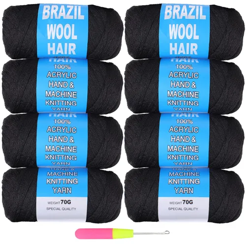 Miniatura 9 de COOKOO 2 rollos de hilo de lana brasileña color negro natural para cabello trenzado de ganchillo, trenzas, torsión, urdimbres, torsión senegalesa