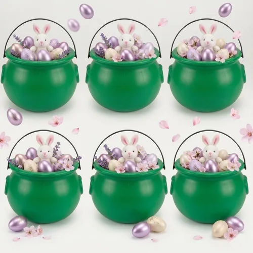 PMU Caldero de Pascua de 8 pulgadas, 6 unidades, caldero de plástico verde, decoración de Pascua para decoración del hogar y fiesta