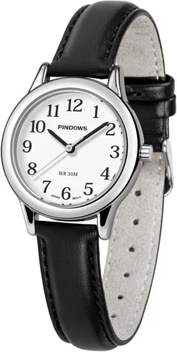 PINDOWS Relojes minimalistas para mujer, caja en tono dorado con correa de cuero negro, elegante reloj de vestir analógico de cuarzo a la moda para