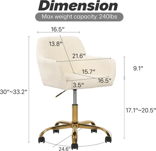 Miniatura 2 de KCC Silla de Tocador de Maquillaje de Tela de Pana, Sillón Giratorio Esponjoso Moderno con Ruedas, Tapizada Mullida de Altura Ajustable para Niñas