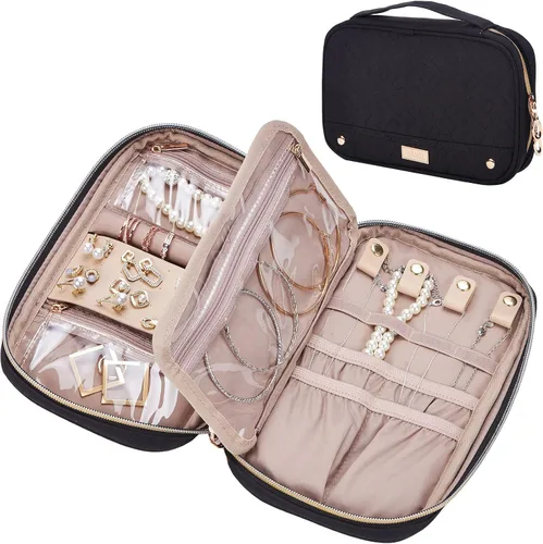 NISHEL Joyero de viaje, organizador de viaje para collares, aretes, anillos, pulseras, relojes, color negro