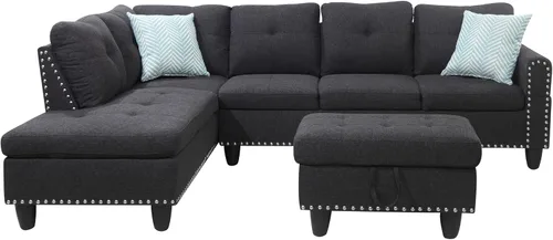 Miniatura 5 de EMKK Sofá modular de 3 piezas, juego de muebles de sala de estar, sofá esquinero tapizado de 5 plazas en forma de L, 1 diván gris oscuro