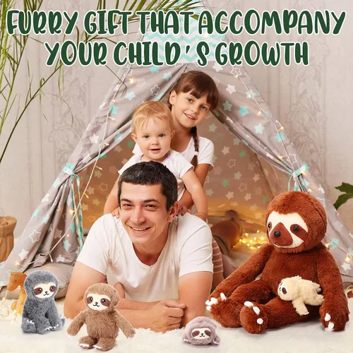 Miniatura 7 de Kasyat Juego de 5 juguetes de peluche de perezoso de 13 pulgadas con 4 lindos peluches de bebé en vientre con cremallera para niños, regalos