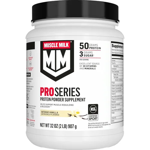 Muscle Milk Pro Series Polvo de Suplemento de Proteína, Vainilla Intensa, 2 Libras, 11 Porciones, 50g de Proteína, 3g de Azúcar, 20 Vitaminas y