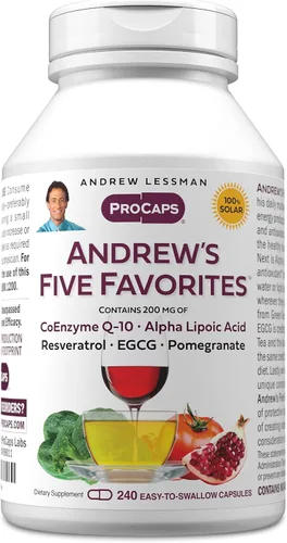 Miniatura 9 de ANDREW LESSMAN Andrew's Five Favorites 30 cápsulas – Proporciona 200 mg cada una de coenzima Q-10, resveratrol, EGCG, granada y ácido alfa lipoico
