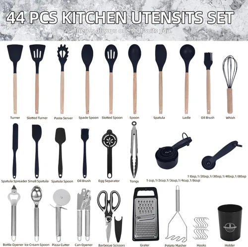 Miniatura 3 de Juego de utensilios de cocina, juego de 44 utensilios de cocina de silicona para utensilios de cocina antiadherentes, juego de espátulas de silicona