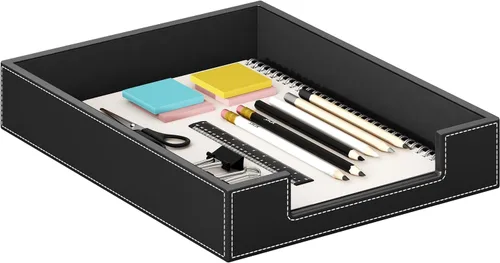 Miniatura 2 de Bandeja de cuero para cartas, elegante organizador de escritorio para suministros de oficina, correo, papel, archivo, revista, ahorro de espacio