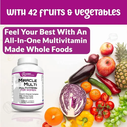 Miniatura 4 de MiracleMulti One a Day Multivitamínico para mujer con probióticos, biotina, ácido fólico, enzimas + mezcla de frutas y verduras, apoyo inmunológico