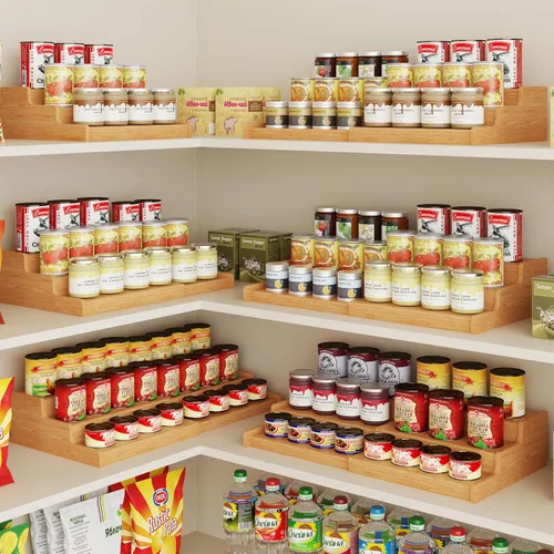 Miniatura 7 de Organizador de latas de bambú expandible para despensa, soporte de almacenamiento de latas ajustable de 3 niveles, organizador de soda con capacidad