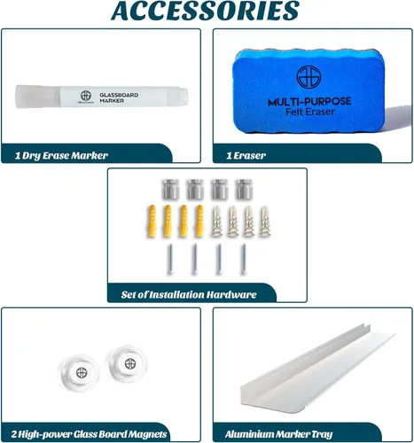 Miniatura 6 de J&J worldwide Pizarra blanca de vidrio magnético negro de 35 x 23 pulgadas, sin marco, de vidrio templado, borrado en seco, para montaje en pared