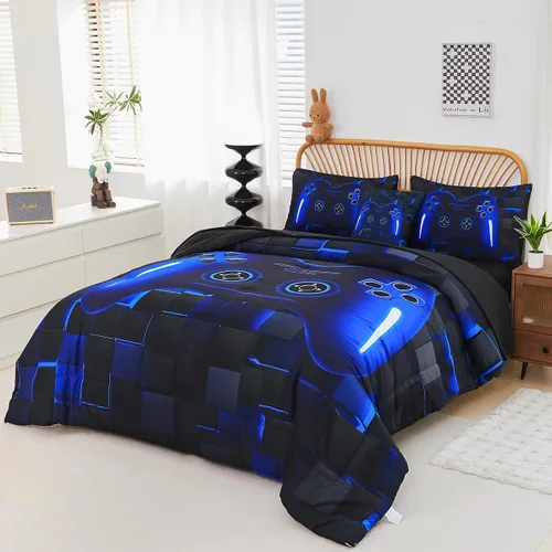 Miniatura 2 de PERFEMET Juego de ropa de cama tamaño Twin en una bolsa, 6 piezas, juego de ropa de cama gaming para niños, edredón azul gamer con juego de sábanas