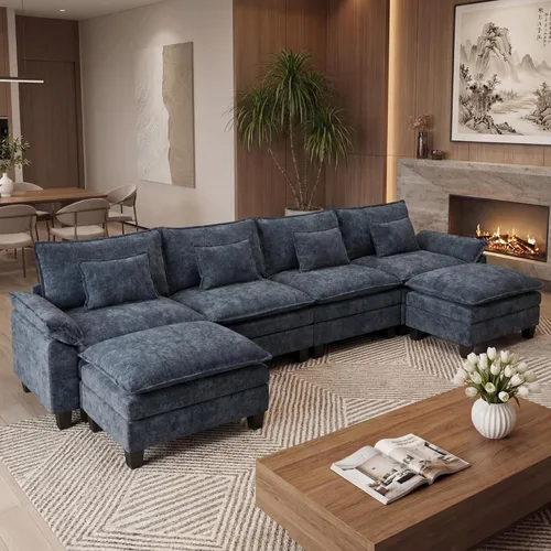 URRED Cloud Couch Sofá Seccional Modular, Sofá Moderno en Forma de U de Asiento Profundo de 157", con 2 Otomanas y Almohadas, Sofás de Chenilla Azul