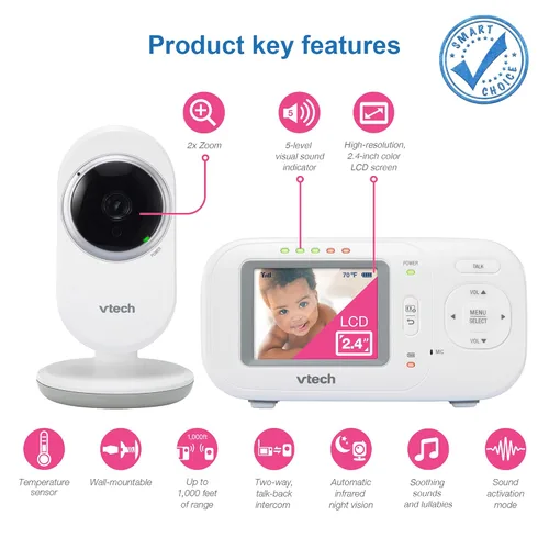 Miniatura 2 de VTech VM320 Monitor de bebé, pantalla de 2.4 pulgadas con cámara fija, visión nocturna, sonidos relajantes, conversación de 2 vías, transmisión