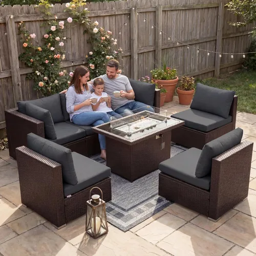 Miniatura 37 de NICESOUL Juego de muebles de patio para exteriores de 7 piezas con mesa para hoguera, gas natural y propano convertible, respaldo alto de 29.3