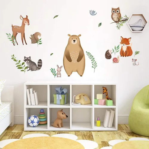 Miniatura 2 de decalmile Calcomanías de pared de hojas de animales del bosque, diseño de oso zorro, ciervo, decoración de pared para habitación de bebé, habitación