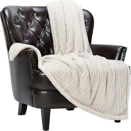 Chanasya Manta de punto trenzado suave, color beige crema, afelpada de sherpa, gruesa, cálida, ligera, acogedora, moderna, para sofá, sala de estar
