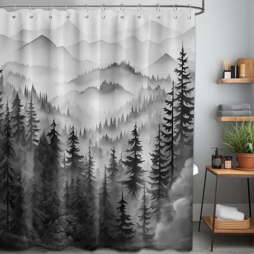 Miniatura 18 de Cortina de ducha azul marino de bosque Cortina de ducha azul oscuro de montaña y naturaleza para decoración de baño de hombres, tela impermeable