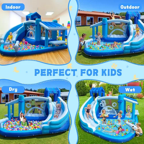 Miniatura 5 de Tobogán acuático inflable para niños, tobogán acuático de tela Oxford resistente con piscina y soplador de 550 W, combo de casa de rebote al aire