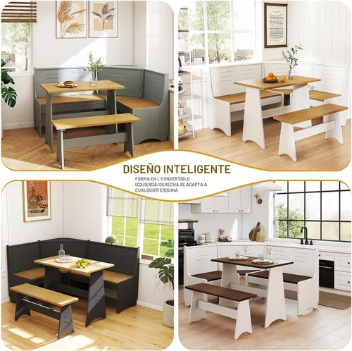 Miniatura 6 de Juego de mesa para desayunador de 3-4 plazas en forma de L con almacenamiento oculto - Juego de mesa y banco de esquina para cocina, ahorra espacio