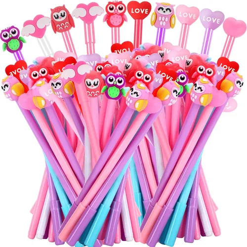SANNIX 50 bolígrafos para el día de San Valentín, a granel, diseño de búho, corazones y búhos, bolígrafos de tinta de gel negra para fiesta de San