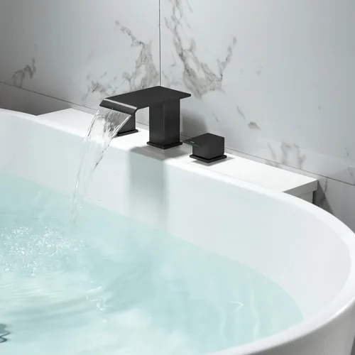 Miniatura 6 de Grifo de bañera romano negro mate, juego de grifo de bañera de montaje en cubierta, 3 agujeros, cascada, grifo de bañera de alto flujo, relleno