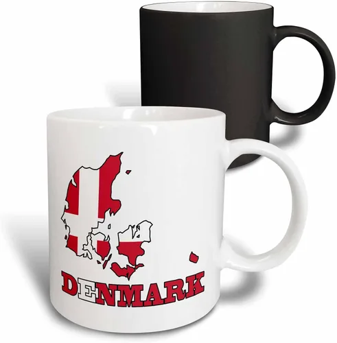 Miniatura 9 de 3dRose La bandera de Dinamarca en el mapa del contorno del país y el nombre, Dinamarca. Taza negra de dos tonos de 11 oz