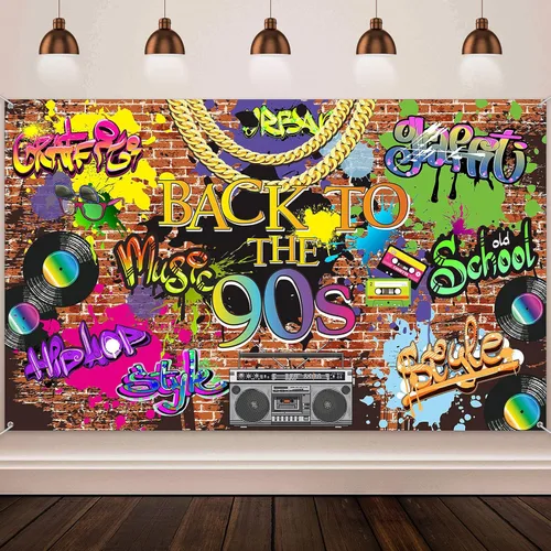 Telón de fondo de los años 90 para decoraciones de fiesta, pancarta de graffiti de hip hop, decoración de fiesta temática de regreso a los 90, pared