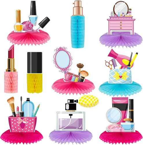 Censen 10 piezas de decoración de fiesta de spa, centros de mesa de panal de abeja, decoración de mesa de maquillaje, cosméticos 3D, lápiz labial de