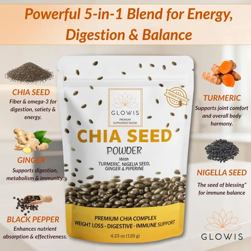 Miniatura 4 de Polvo de semilla de chía orgánica, mezcla de superalimentos 5 en 1 con cúrcuma, jengibre, nigella y pimienta negra, fibra, proteínas y apoyo