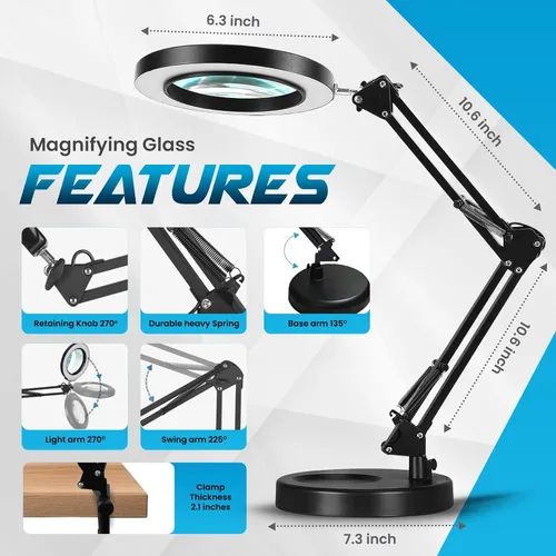 Miniatura 4 de 10 lupas con luz y soporte y abrazadera, lámpara de aumento LED, lupa de manos libres grande con luz manos libres, espejo para manualidades
