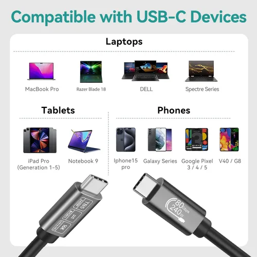 Miniatura 6 de [Sincronización de datos de 80 Gbps] Compatible con cable Thunderbolt 5, cable USB C de alta velocidad compatible con carga de 240 W y pantalla