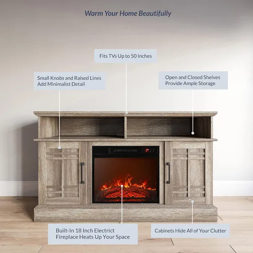 Miniatura 3 de BELLEZE Mueble TV, 48 pulgadas, con chimenea eléctrica funcional de 18 pulgadas, moderno, para TV de máx. 50 pulgadas, estantes abiertos y armarios