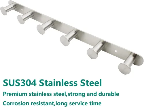 Miniatura 4 de Perchero montado en la pared, ganchos de acero inoxidable, perchero colgante de entrada resistente, perchero multiusos con 6 ganchos para plateado