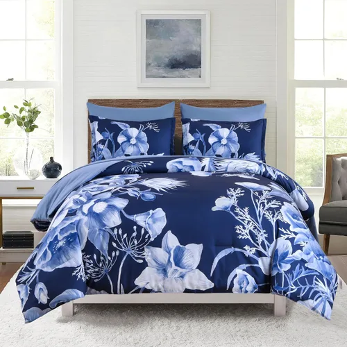 Miniatura 25 de Luxudecor Juego de edredón floral tamaño King de 7 piezas, cama de flores azul marino en una bolsa, elegante edredón floral con juego de sábanas