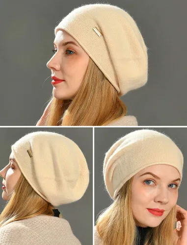 Miniatura 6 de jaxmonoy Gorro de punto holgado de cachemira para mujer, gorro de invierno suave y cálido de lana para mujer