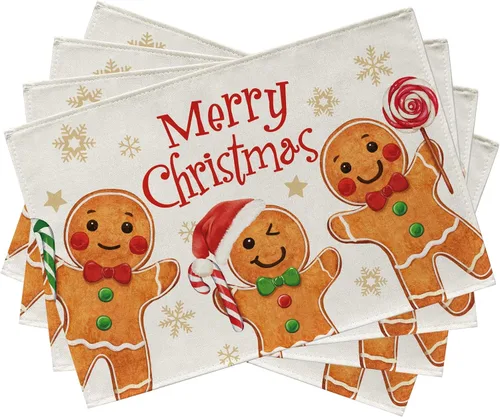 Miniatura 9 de Seliem Juego de 4 manteles individuales de hombre de jengibre con texto en inglés "Merry Christmas" con diseño de muñeco de jengibre, color rosa