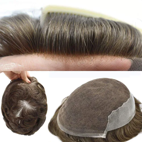 Miniatura 8 de Peluca tipo tupé para hombre, sistema de reemplazo de cabello humano europeo indetectable, encaje francés, nudos blanqueados, línea capilar natural