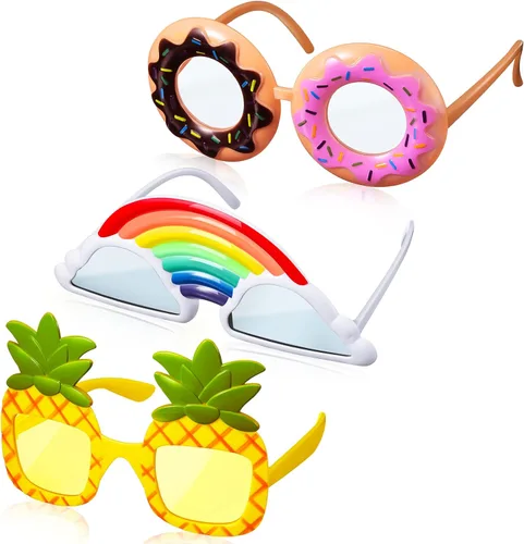 Flutesan 3 pares de divertidos lentes hawaianos Luau, lentes de sol tropicales de playa, piña, arco iris, nube, dona, para niños, regalos de fiesta