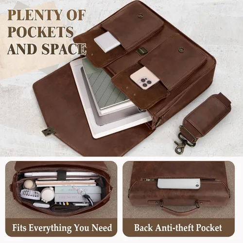 Miniatura 5 de RAINSMORE Bolsa de mensajero para hombre de 17 pulgadas, maletín para computadora portátil, impermeable, de cuero, para trabajo, oficina, viajes