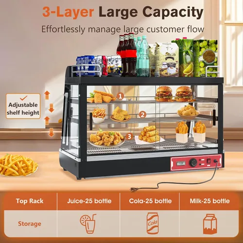 Miniatura 4 de Calentador de alimentos comercial de 3 niveles de 35 pulgadas con estante superior para leche y jugo, gabinete calentador de mostrador