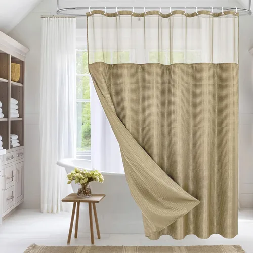 Miniatura 28 de MitoVilla Cortina de ducha pequeña beige de 36 x 72 pulgadas, juego de cortina de ducha de tela de punto gofre de tamaño medio estrecho con forro