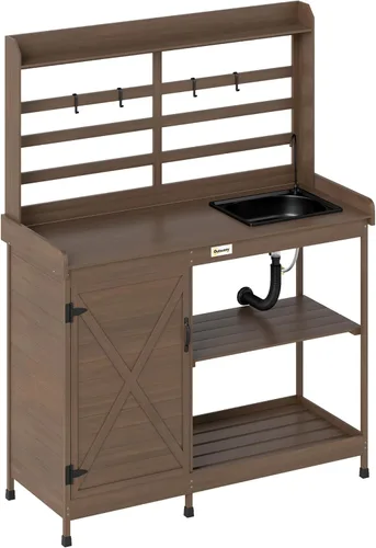 Outsunny Banco de Jardinería Exterior de Madera con Mesa y Fregadero y Grifo, Estación de Trabajo de Jardín con Gabinete de Almacenamiento, Estantes